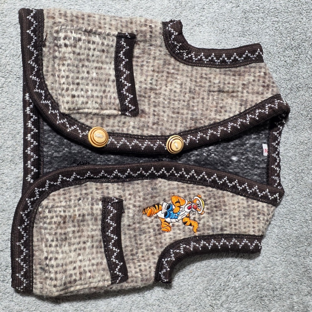 Vintage Kids Wool Blend Vest Brown Grey Tiger Embroidery Size 2